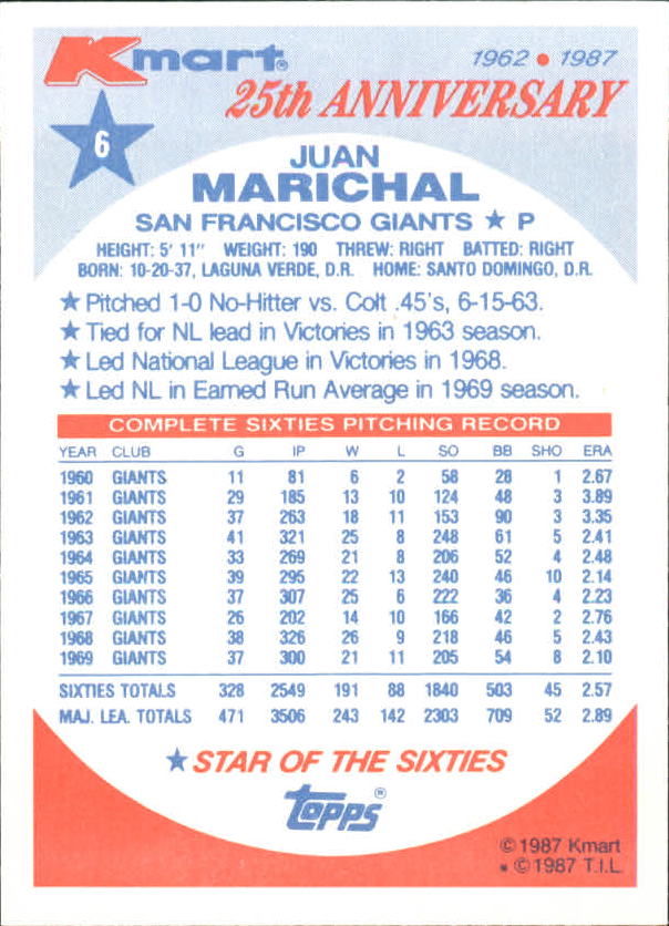 1987 K-Mart #6 Juan Marichal back image