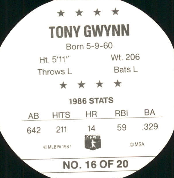 1987 Key Food Discs #16 Tony Gwynn back image