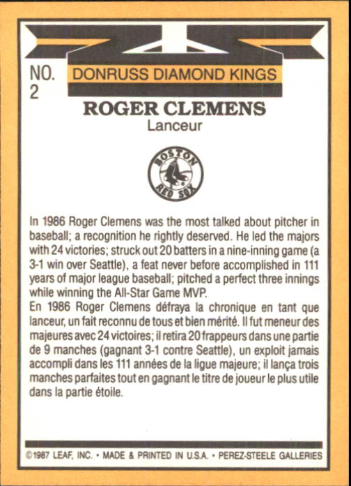 1987 Leaf/Donruss #2 Roger Clemens DK back image