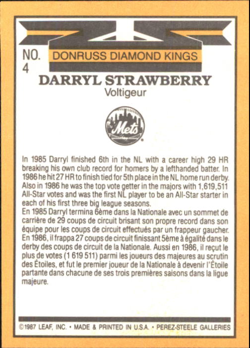 1987 Leaf/Donruss #4 Darryl Strawberry DK back image