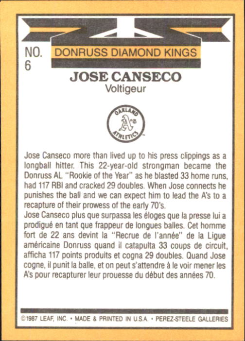 1987 Leaf/Donruss #6 Jose Canseco DK back image