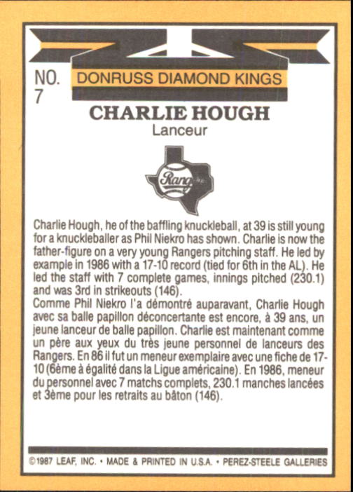 1987 Leaf/Donruss #7 Charlie Hough DK back image