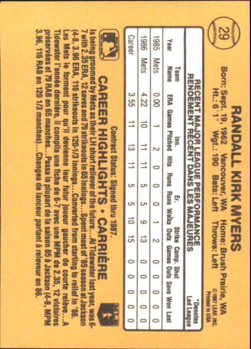 1987 Leaf/Donruss #29 Randy Myers RR RC back image