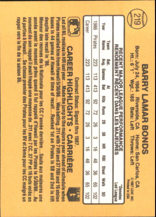 1987 Leaf/Donruss #219 Barry Bonds RC back image