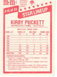 1987 M and M's Star Lineup #15 Kirby Puckett back image