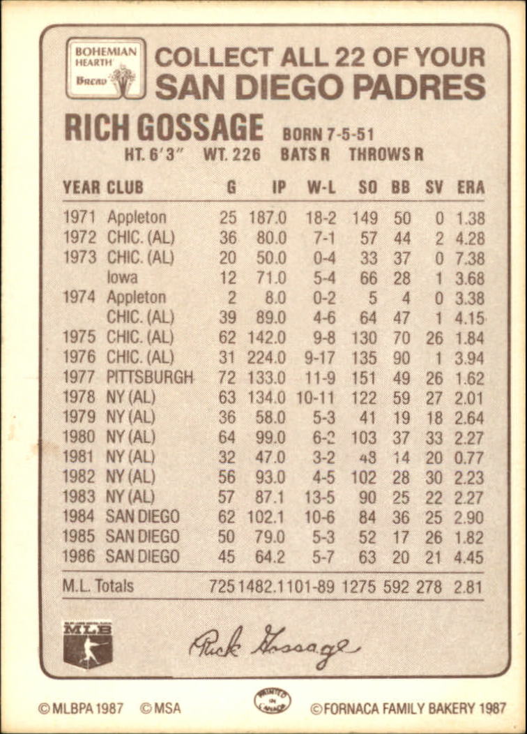1987 Padres Bohemian Hearth Bread #54 Rich Gossage - NM-MT