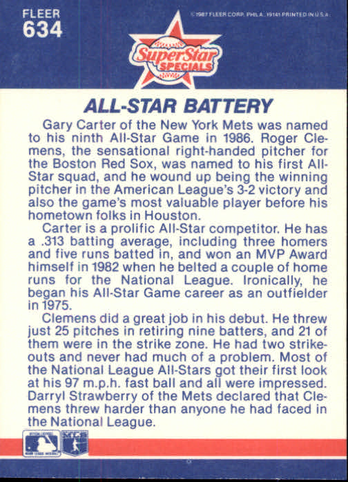1987 Fleer #634 Gary Carter/Roger Clemens back image