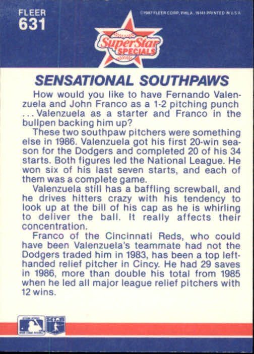 1987 Fleer Glossy #631 Sensational Southpaws/Fernando Valenzuela/John Franco back image