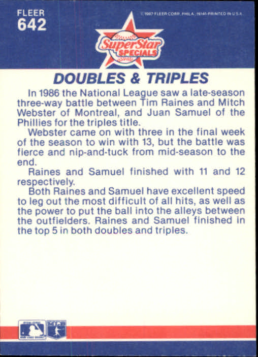 1987 Fleer Glossy #642 Doubles and Triples/Juan Samuel/Tim Raines back image