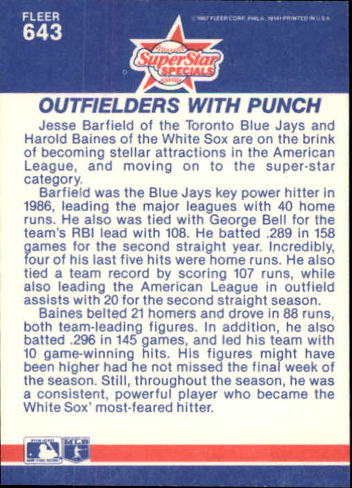 1987 Fleer Glossy #643 Outfielders with Punch/Harold Baines/Jesse Barfield back image