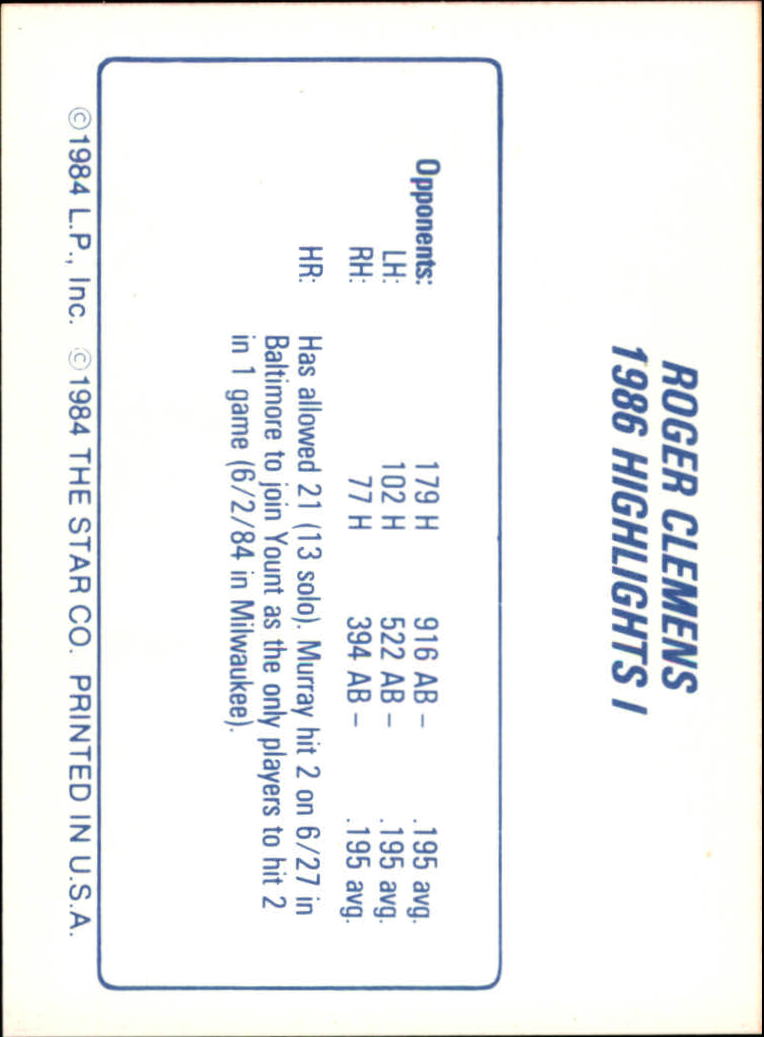 1987 Star Clemens II #3 Roger Clemens/1986 Highlights I back image