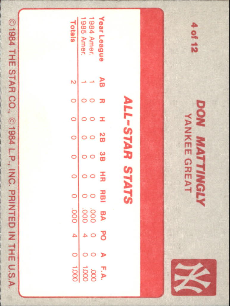 1987 Star Mattingly #4 Don Mattingly/All Star Stats back image