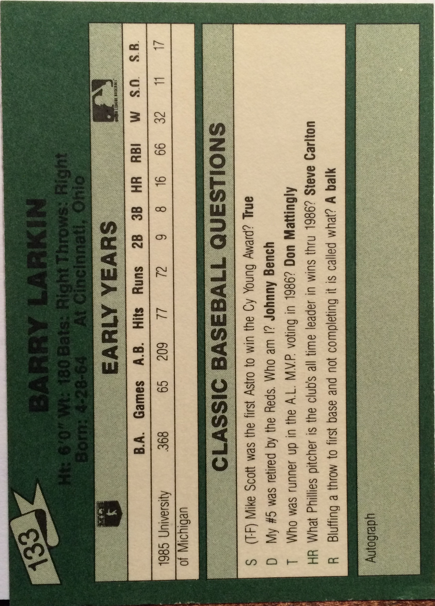 1987 Classic Update Yellow/Green Backs #133 Barry Larkin back image
