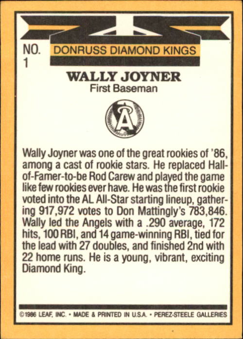1987 Donruss #1 Wally Joyner DK back image