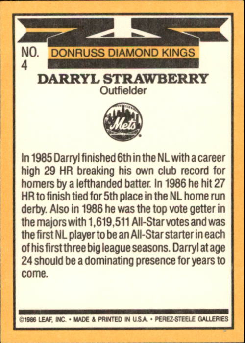 1987 Donruss #4 Darryl Strawberry DK back image