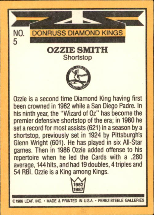 1987 Donruss #5 Ozzie Smith DK back image