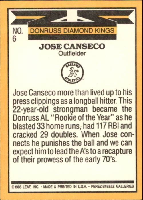1987 Donruss #6 Jose Canseco DK back image