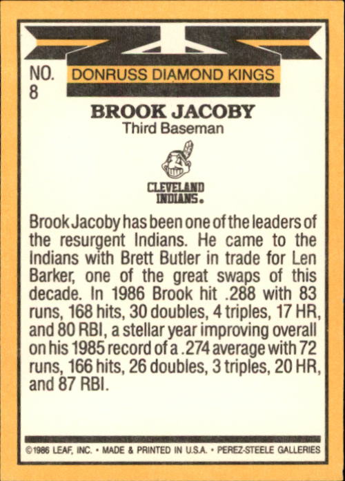 1987 Donruss #8 Brook Jacoby DK back image