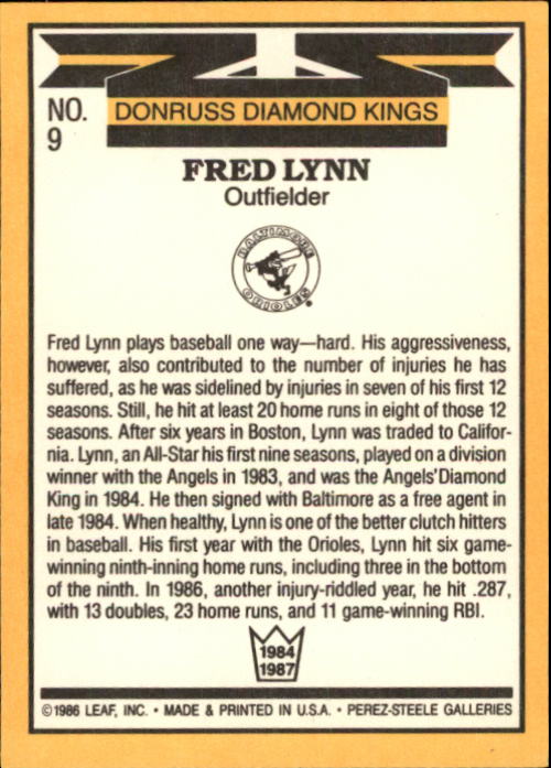 1987 Donruss #9 Fred Lynn DK back image