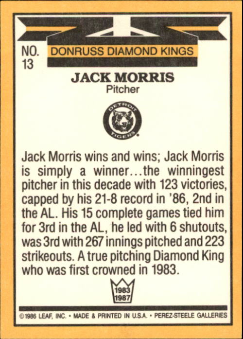 1987 Donruss #13 Jack Morris DK back image