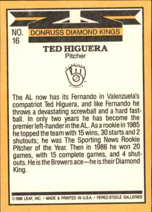 1987 Donruss #16 Ted Higuera DK back image