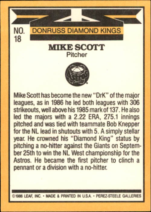 1987 Donruss #18 Mike Scott DK back image