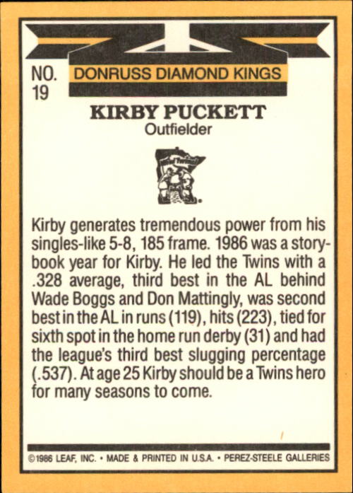 1987 Donruss #19 Kirby Puckett DK back image