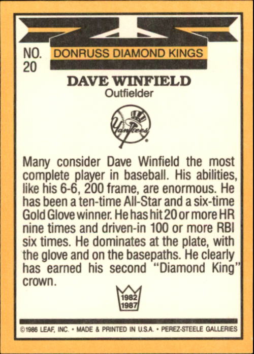 1987 Donruss #20 Dave Winfield DK back image