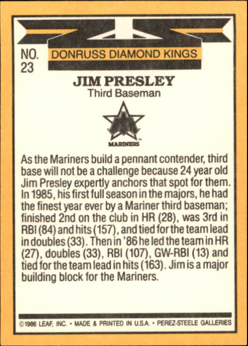 1987 Donruss #23 Jim Presley DK back image
