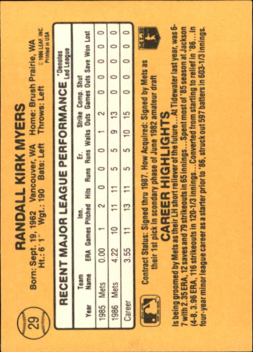 1987 Donruss #29 Randy Myers RC back image