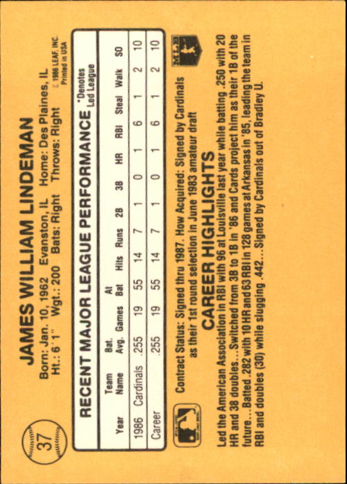 1987 Donruss #37 Jim Lindeman RC back image