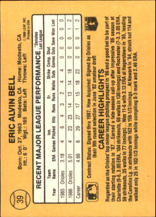 1987 Donruss #39 Eric Bell RC back image