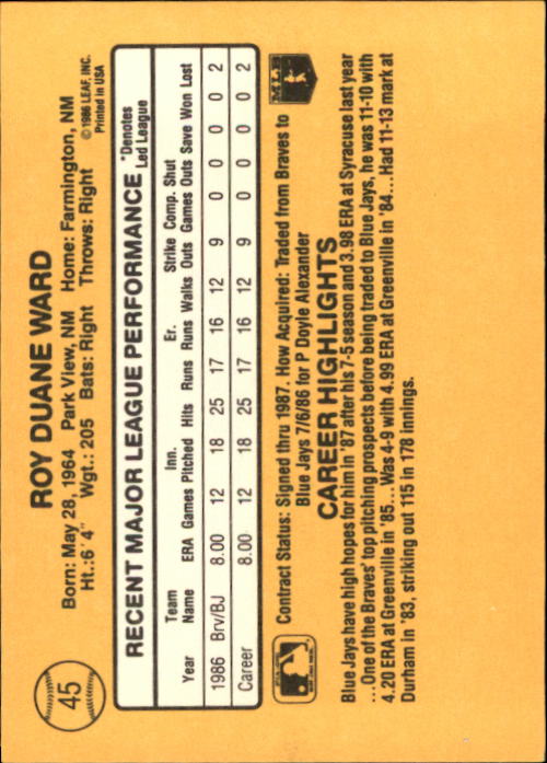 1987 Donruss #45 Duane Ward RC * back image