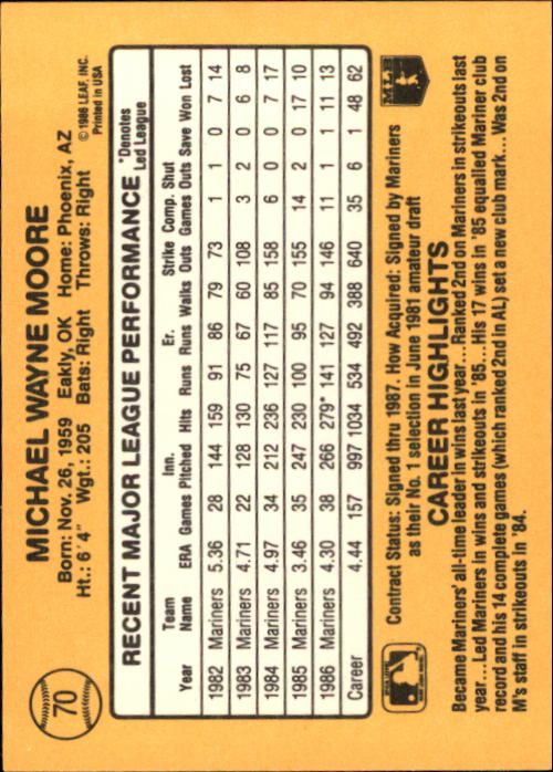 1987 Donruss #70 Mike Moore back image