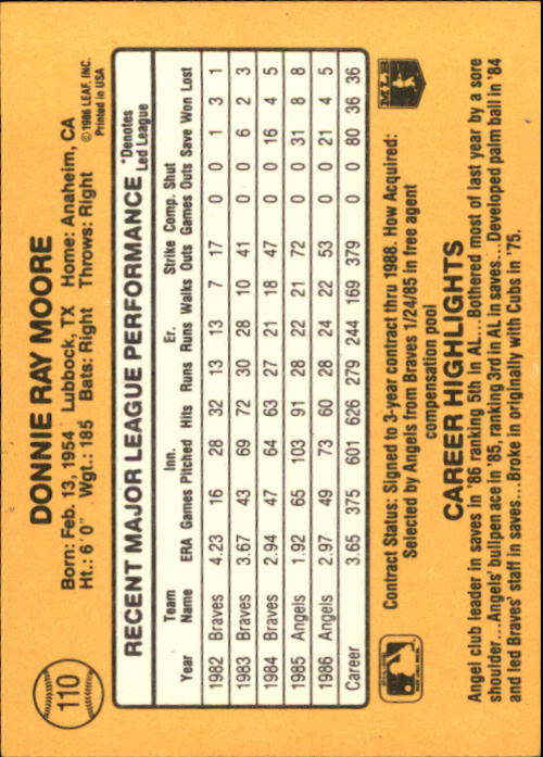 1987 Donruss #110 Donnie Moore back image