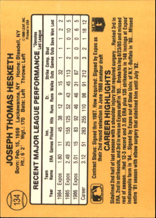 1987 Donruss #134 Joe Hesketh back image