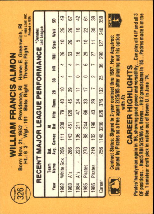 1987 Donruss #326 Bill Almon back image