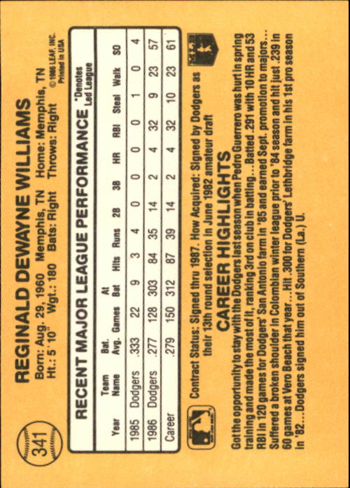 1987 Donruss #341 Reggie Williams back image