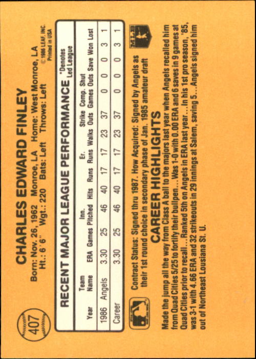 1987 Donruss #407 Chuck Finley RC back image