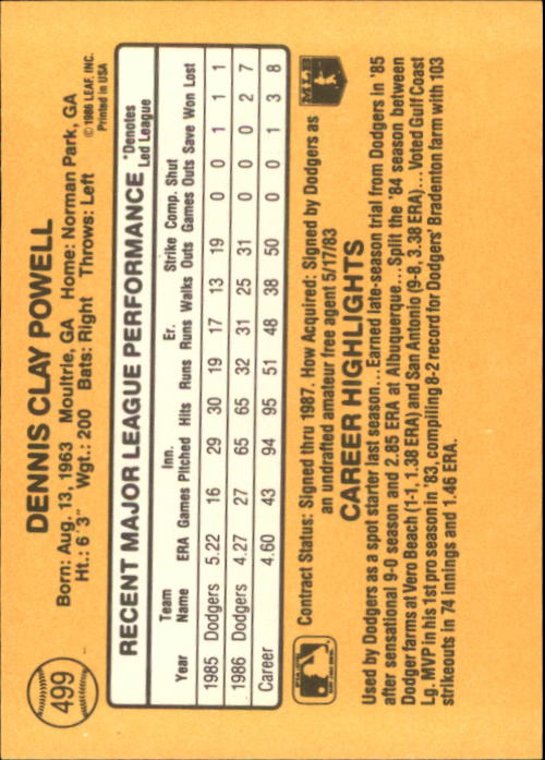 1987 Donruss #499 Dennis Powell back image