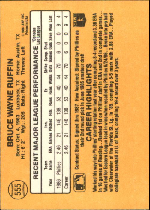 1987 Donruss #555 Bruce Ruffin RC back image