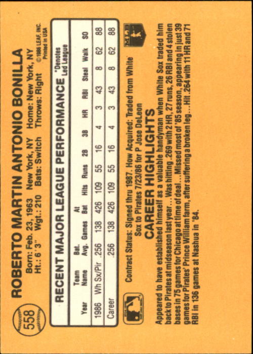 1987 Donruss #558 Bobby Bonilla RC back image