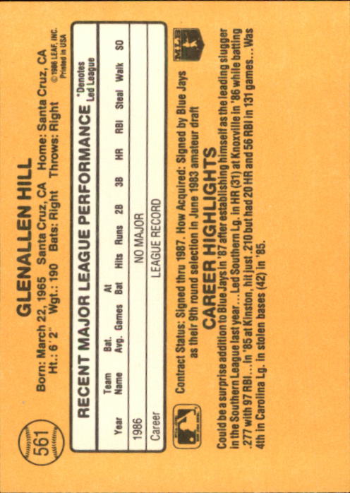 1987 Donruss #561 Glenallen Hill RC back image