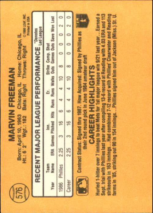 1987 Donruss #576 Marvin Freeman RC back image