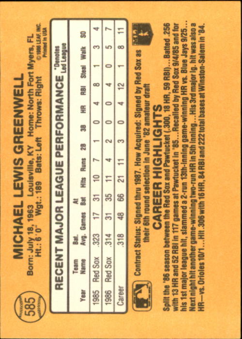 1987 Donruss #585 Mike Greenwell RC back image