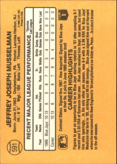 1987 Donruss #591 Jeff Musselman back image