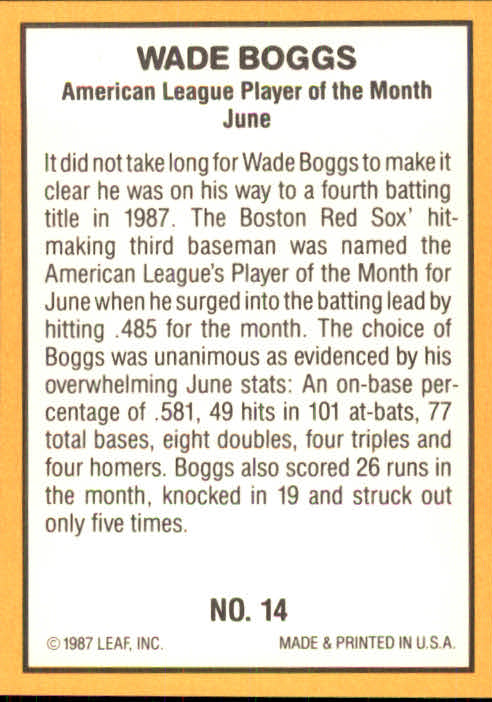 1987 Donruss Highlights #14 Wade Boggs back image