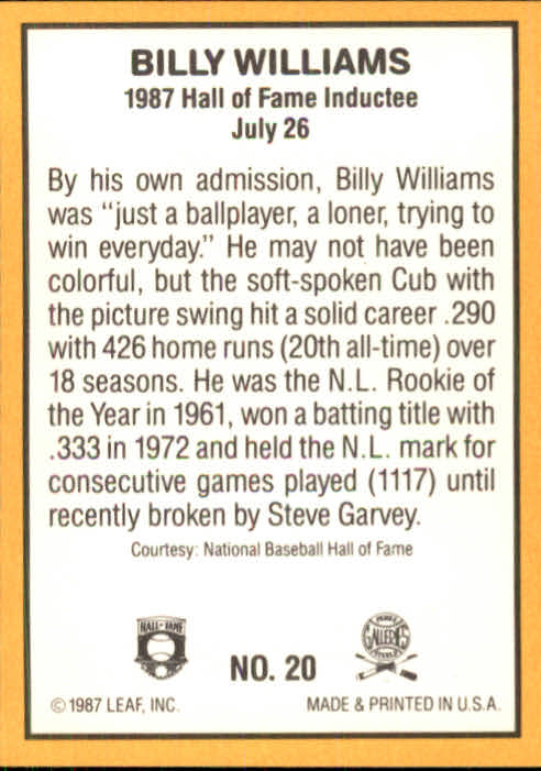1987 Donruss Highlights #20 Billy Williams back image