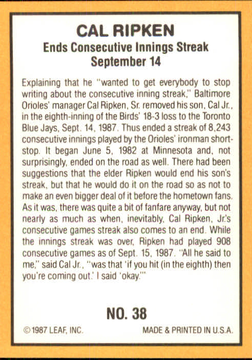 1987 Donruss Highlights #38 Cal Ripken back image