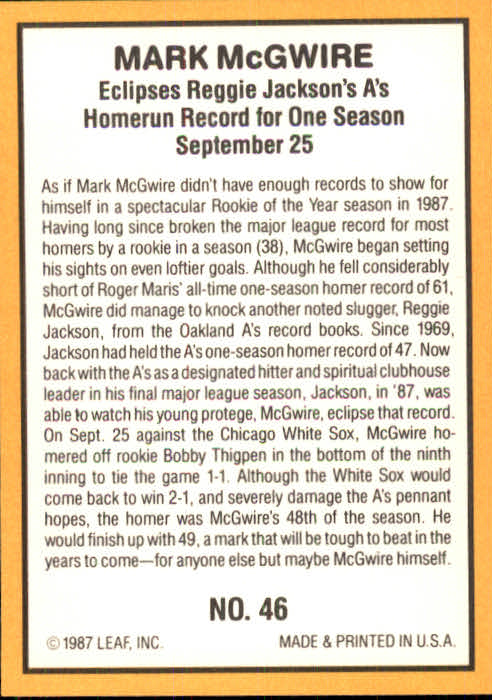 1987 Donruss Highlights #46 Mark McGwire back image